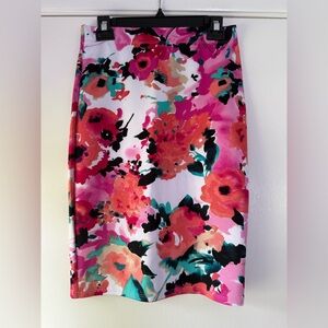 New! Amelia James Colorful Abstract Watercolor Floral Stretch Pencil Skirt Pink